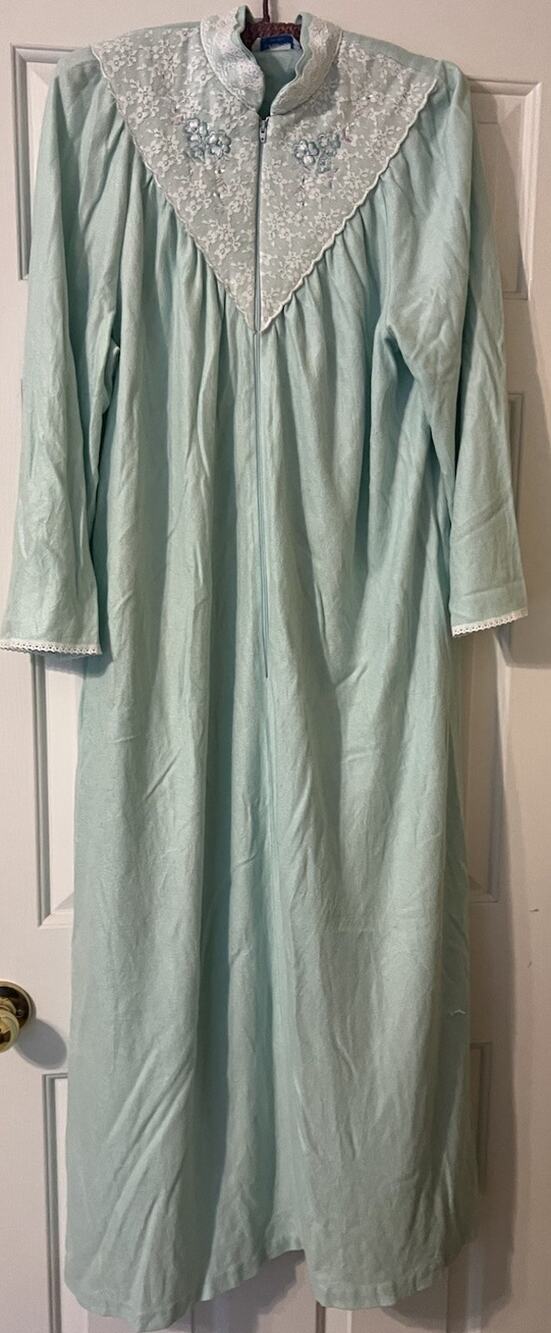 VTG 70s 80s Its A Charm Maxi Robe Blue Lace Yoke Zip Housecoat Grannycore M